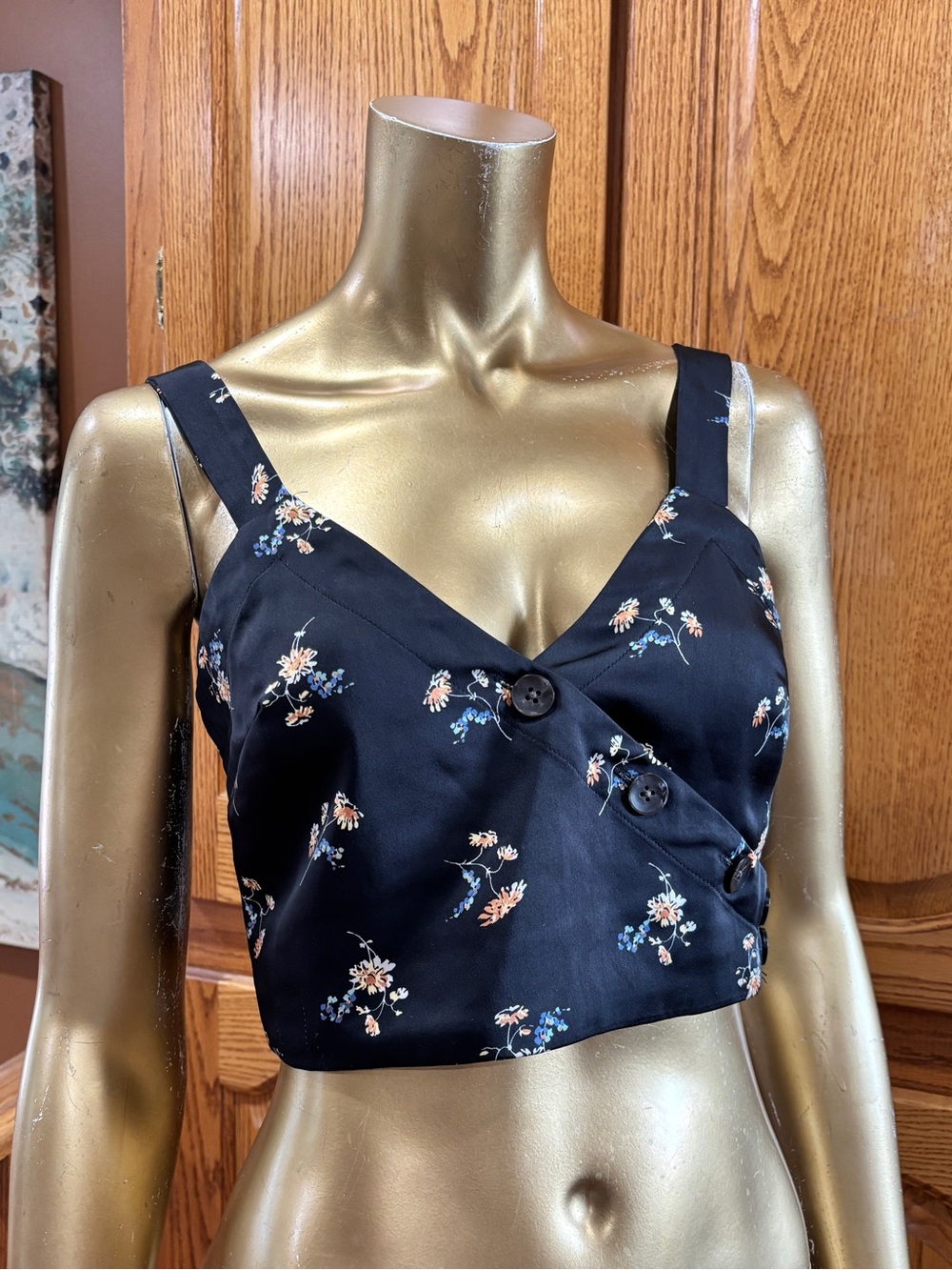 Madewell Black Floral Button-Front Crop Top